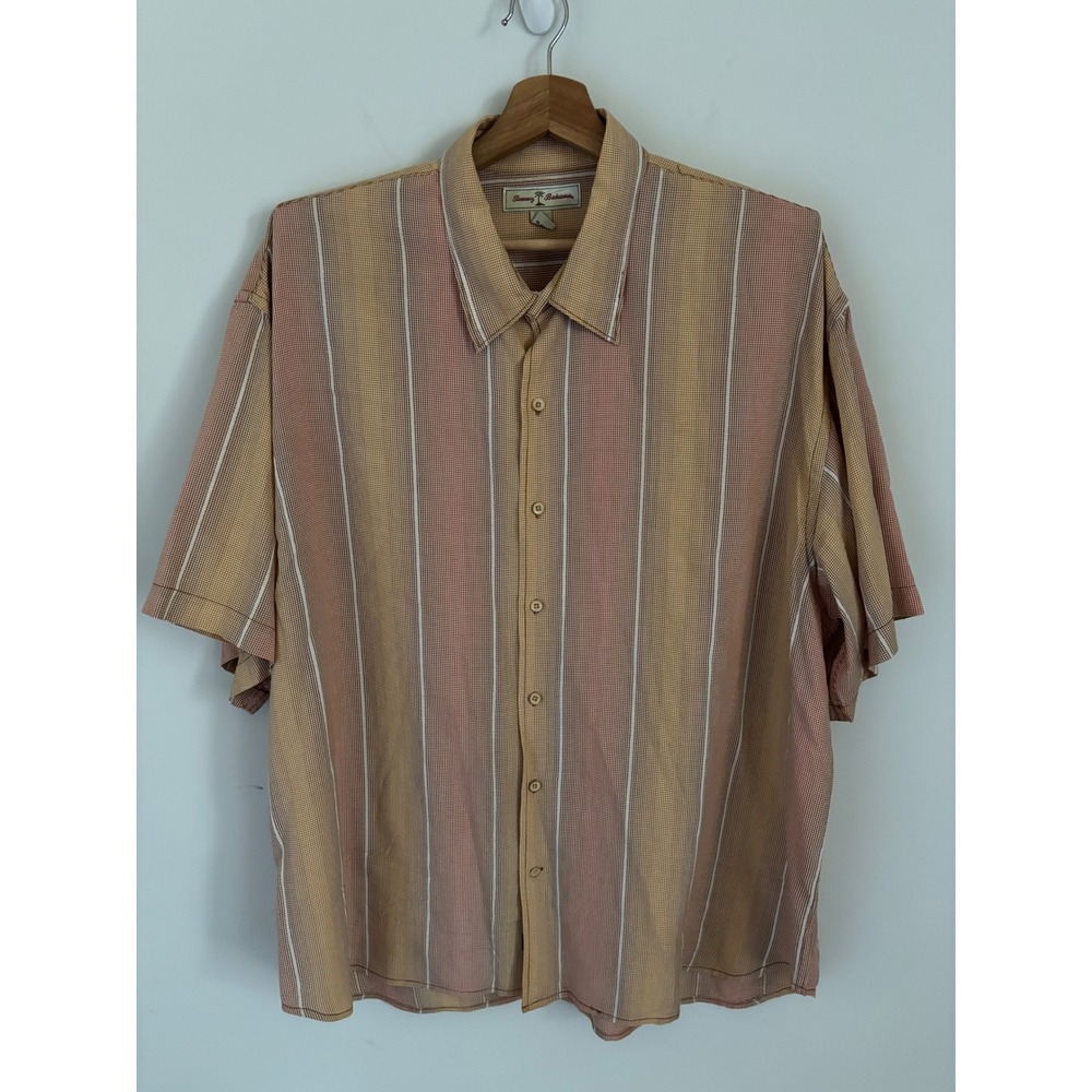 Tommy Bahama Mens XXL Orange Tan Striped Tencel Short Sleeve Button Down Shirt